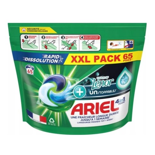 ARIEL Uniwersal + Lenor kapsułki do prania XXL 65 szt. – francuskie kapsułki 4w1 z technologią szybkiego rozpuszczania