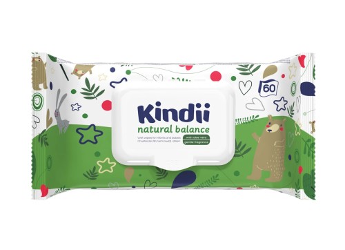 CLEANIC Kindii Natural Balance chusteczki nawilżane dla dzieci 60 szt. – delikatne chusteczki z klapką