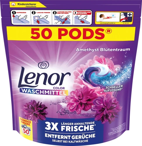 NIEMIECKIE KAPSUŁKI DO PRANIA Lenor Color Amethyst Blütentraum 50 sztuk – Oryginalna chemia z Niemiec DE