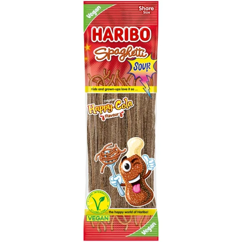 HARIBO Spaghetti Sour Happy Cola 200 g – żelki kwaśne o smaku coli, wegańskie, niemieckie
