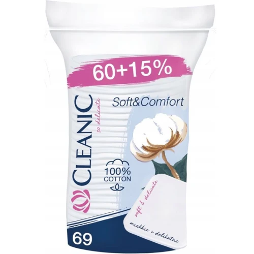 Cleanic Soft & Comfort Bawełniane płatki kosmetyczne kwadratowe 69 szt. – delikatne płatki 100% bawełny