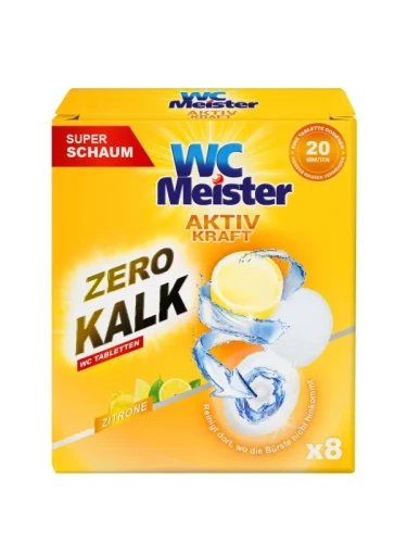 WC Meister Aktiv Kraft Zero Kalk Zitrone 8 x 20 g – niemieckie tabletki do czyszczenia WC, zapach cytrynowy