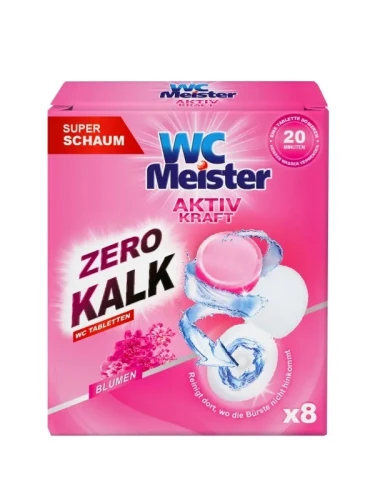 WC Meister Aktiv Kraft Zero Kalk Blumen 8 x 20 g – niemieckie tabletki do czyszczenia WC, zapach kwiatowy