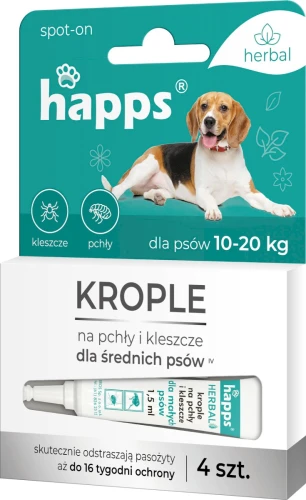 BROS Happs krople na pchły i kleszcze dla średnich psów 10-20kg 4 sztuki zestaw 16 tygodni ochrony Bros