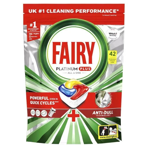 Fairy Platinum Plus Lemon tabletki do zmywarki 42 sztuki kapsułki cytrynowe Import UK