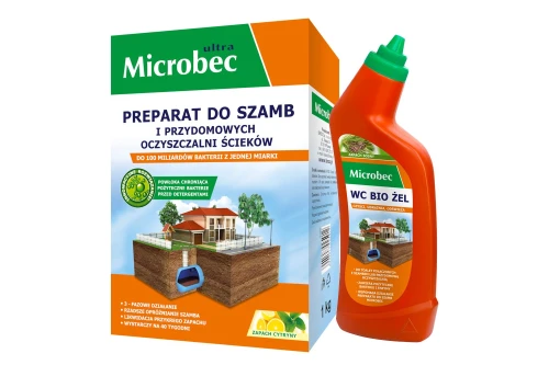 BROS Microbec Ultra Zestaw do Szamb i Oczyszczalni: Proszek 1kg (Zapach Cytrynowy) + WC Bio Żel 1L (Zapach Sosnowy) GRATIS
