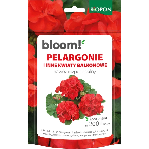 BIOPON bloom! PELARGONIE I INNE KWIATY BALKONOWE Nawóz rozpuszczalny koncentrat na 200L wody 200g