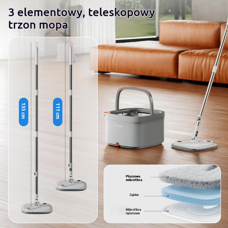 TIVAXO   Mop obrotowy M16 Spin z separacją wody + 2 wkłady mikrofibra - Sklep i hurtownia FH German