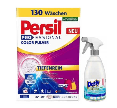 Zestaw PERSIL Proszek do prania Color 7,15 kg 130 prań – niemiecki + DASTY Odplamiacz OXY 600 ml – włoski