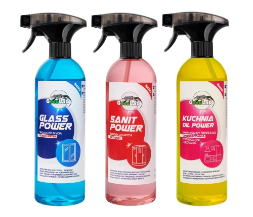 GecoLab Zestaw 3×750 ml – Glass, Oil i Sanit Power do kompleksowego sprzątania