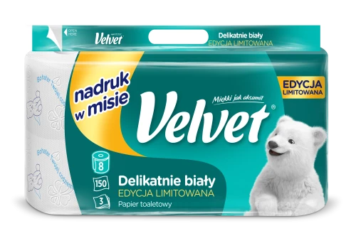 VELVET Papier Toaletowy Delikatnie Biały 8 rolek 3-warstwowy (Edycja Limitowana – Nadruk w Misie)