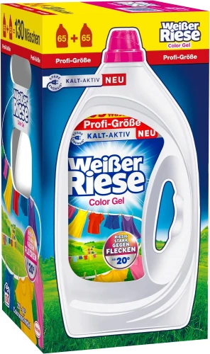 Niemiecki Żel do Prania Tkanin Kolorowych WEIßER RIESE Color Gel 130P (5,850 L / 2x65P) DE – Wydajny Niemiecki Płyn do Prania Koloru