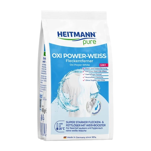 Niemiecki Odplamiacz i Wybielacz do Tkanin Białych HEITMANN Pure Oxi Power-Weiss 475 g DE – Niemiecki Proszek Wybielający i Wzmacniacz Prania