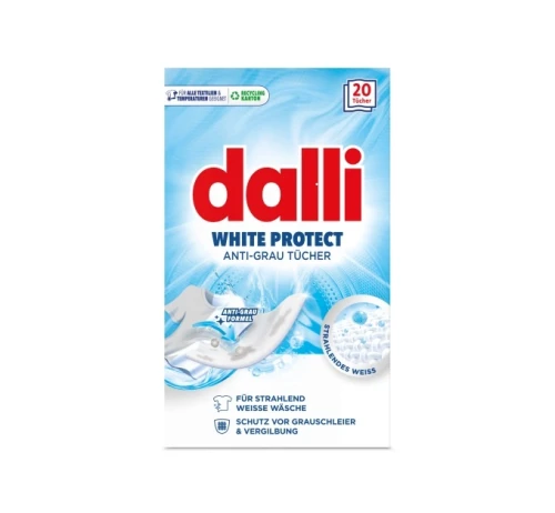 Niemieckie Chusteczki Wybielające DALLI White Protect Anti-Grau Tücher 20 szt. DE – Niemiecka Ochrona Bieli i Ochrona Przed Szarzeniem