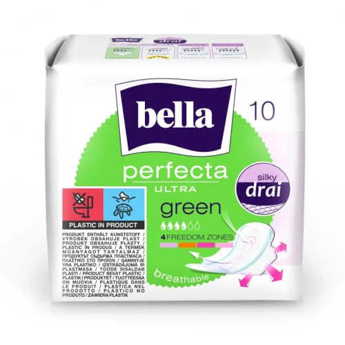 Cienkie Podpaski Higieniczne BELLA Perfecta Ultra Green Silky Drai 10 szt. – Ultracienkie Podpaski ze Skrzydełkami z Siateczką