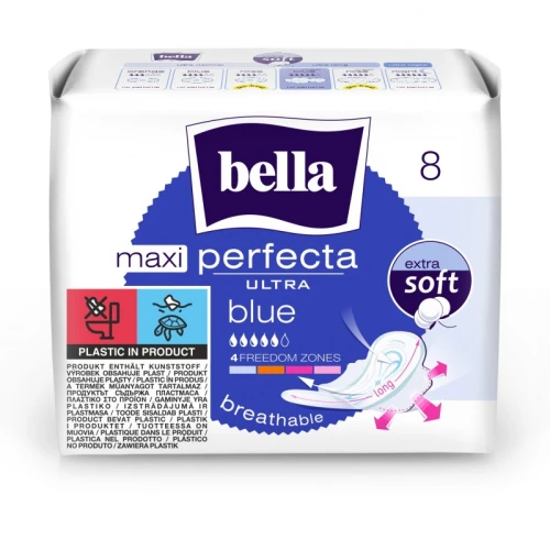 Cienkie Podpaski Higieniczne BELLA Perfecta Ultra Maxi Blue Extra Soft 8 szt. – Wydłużone Ultracienkie Podpaski ze Skrzydełkami