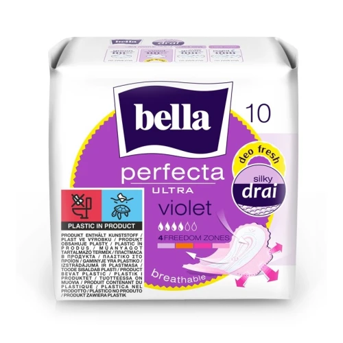 Cienkie Podpaski Higieniczne BELLA Perfecta Ultra Violet Silky Drai Deo Fresh 10 szt. – Ultracienkie Podpaski ze Skrzydełkami Zapachowe z Siateczką
