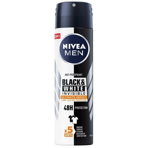 NIVEA MEN Black & White Invisible Ultimate Impact Antyperspirant w Sprayu Dla Mężczyzn 150 ml – Ochrona Przed Plamami i Zapachami