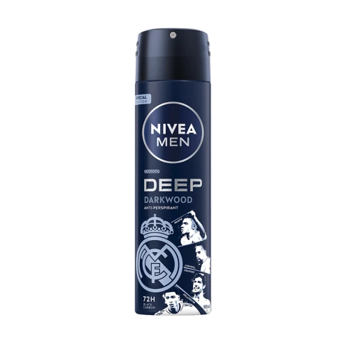 NIVEA MEN Deep Darkwood Real Madrid Edycja Limitowana Antyperspirant w Sprayu dla Mężczyzn 150 ml – Męski Dezodorant Ochronny