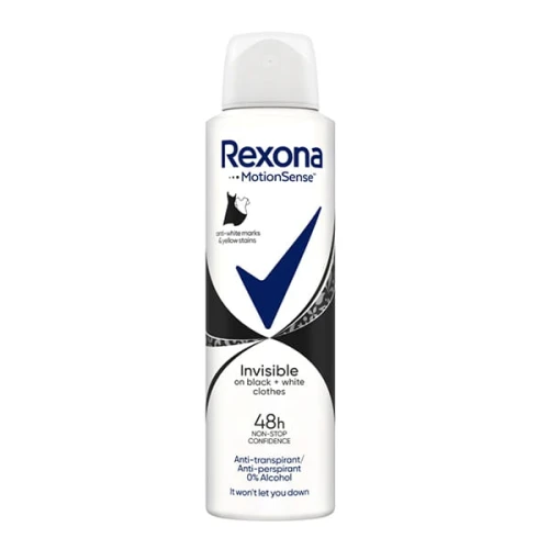 REXONA MotionSense Invisible on Black + White Clothes Antyperspirant w Sprayu dla Kobiet 150 ml – Damski Dezodorant Ochronny