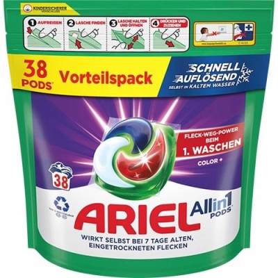 ARIEL Kapsułki Color All in One 38 szt. – Skoncentrowana Siła i Ochrona Kolorów z Niemiec